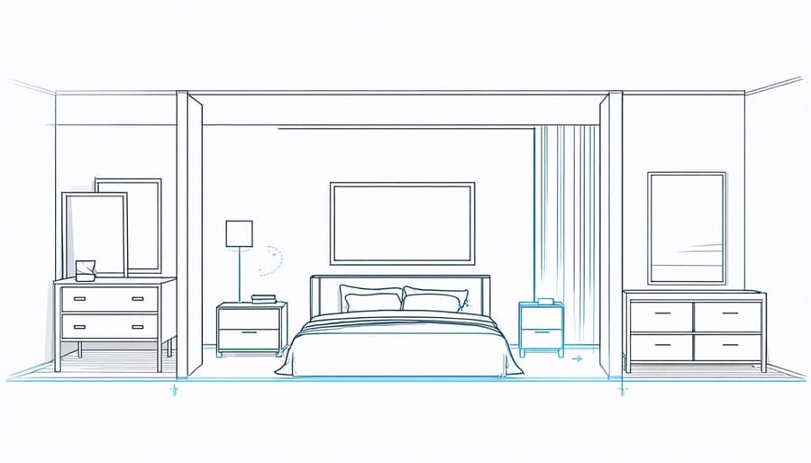 Top-down bedroom floor plan with highlighted areas showing recommended smart light positions