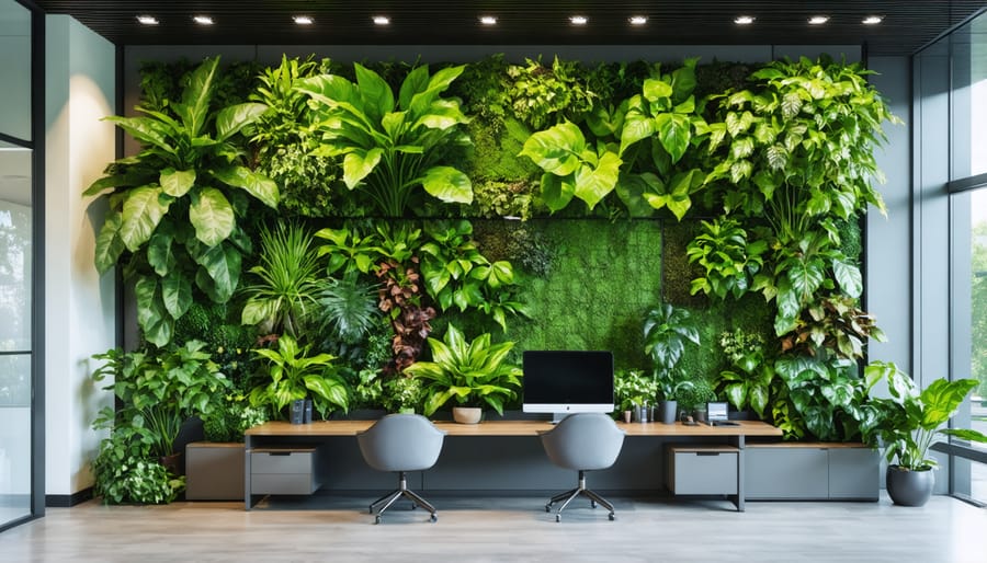 Floor-to-ceiling living wall installation in a contemporary office setting with natural light streaming through windows