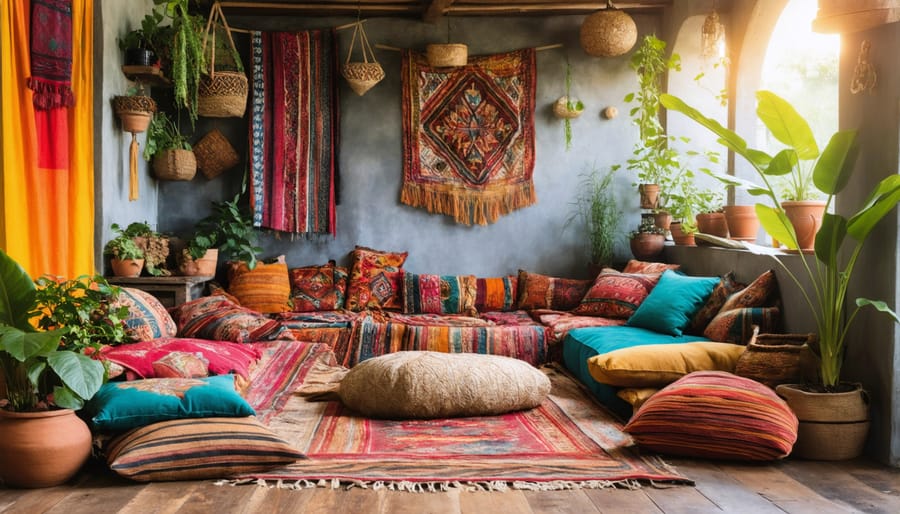 Bohemian-styled room featuring colorful patterns, plants, and mixed textiles