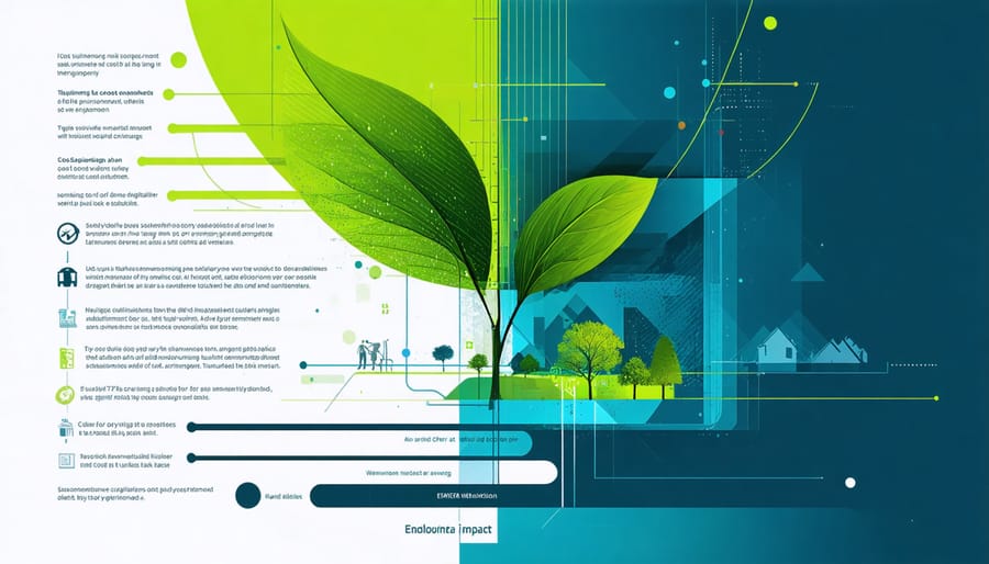 Bar charts and graphs showing financial savings and reduced carbon footprint metrics