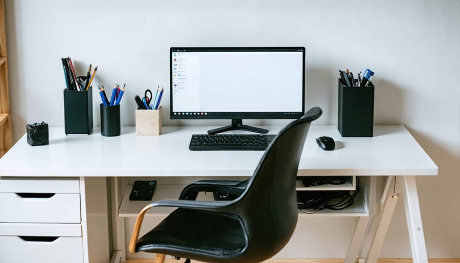 Organized desk showing neat cable management solutions and integrated technology