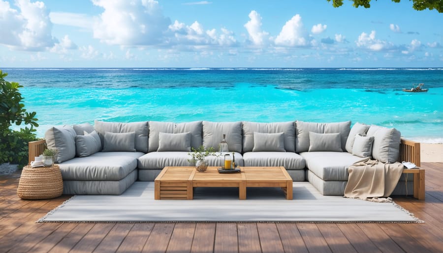 Coastal outdoor living space featuring weather-resistant furniture and waterproof cushions