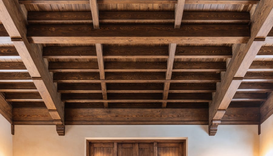 Luxurious coffered ceiling design featuring dark wood beams in a square pattern