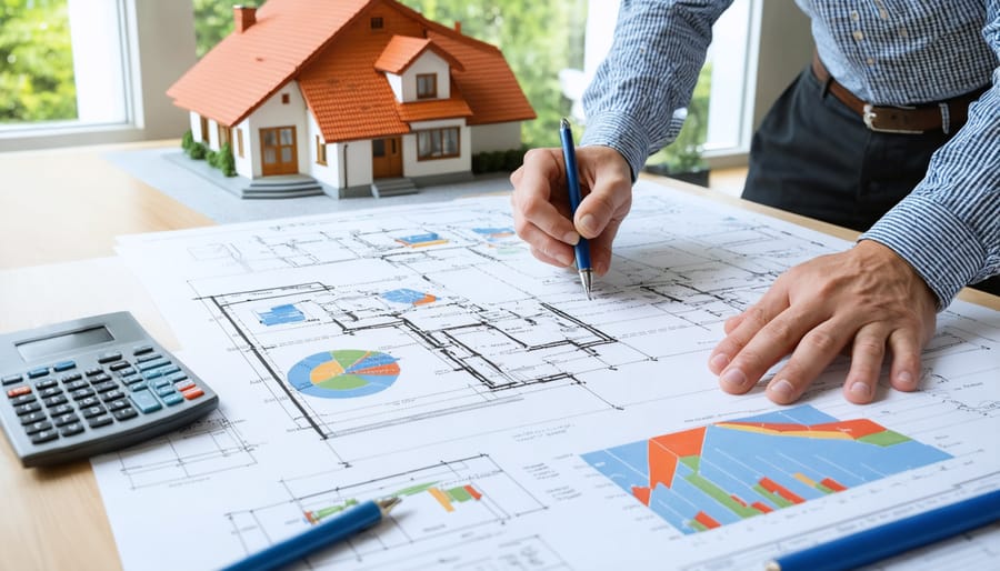 Feasibility consultant and homeowner examining sustainable home project plans