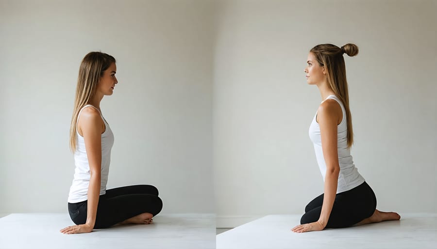 Split image showing proper ergonomic sitting position versus common incorrect postures