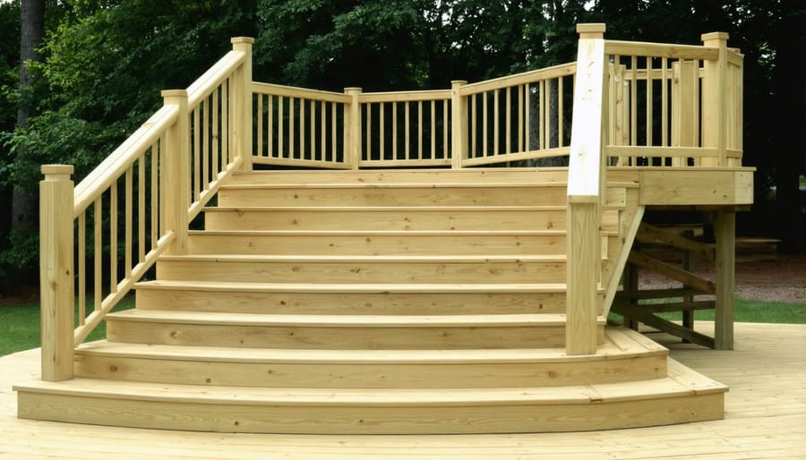 Craftsman-style wooden deck stair railing featuring ornate spindles and carved post tops