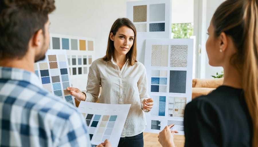 Professional interior designer discussing design options with a couple while reviewing fabric swatches and inspiration photos