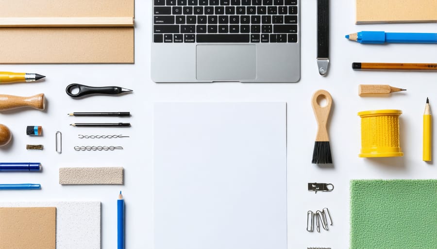 Essential materials for DIY desk dividers including acrylic, fabric, pegboard, and tools like scissors and measuring tape