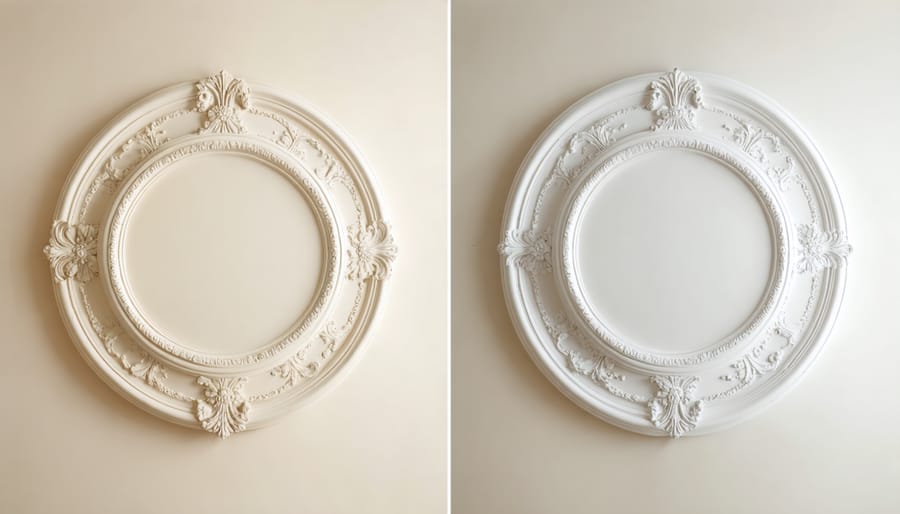 Split image showing ceiling before and after installation of decorative medallion