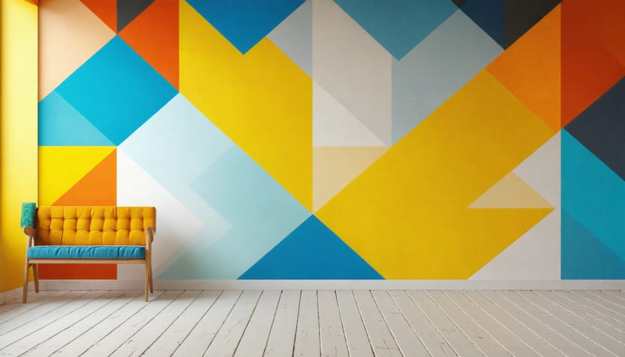 Step-by-step process of creating a colorful geometric wall pattern using painter's tape