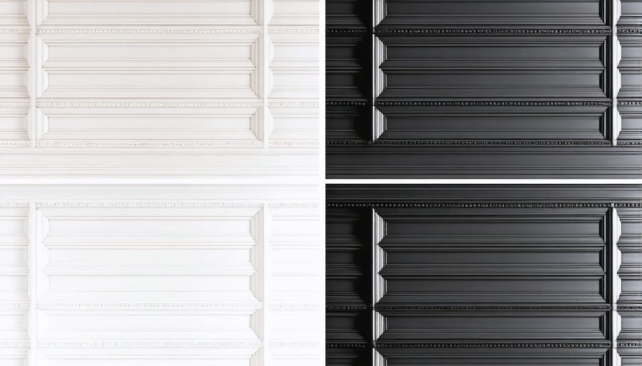 Side-by-side comparison showing plain ceiling transformed with metallic pressed tin panels