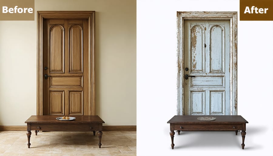 Side-by-side comparison of an old door and its transformation into a modern coffee table