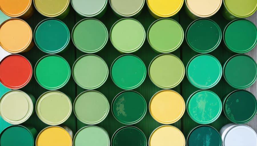 Display of various sustainable paint brands showing their eco-certification labels