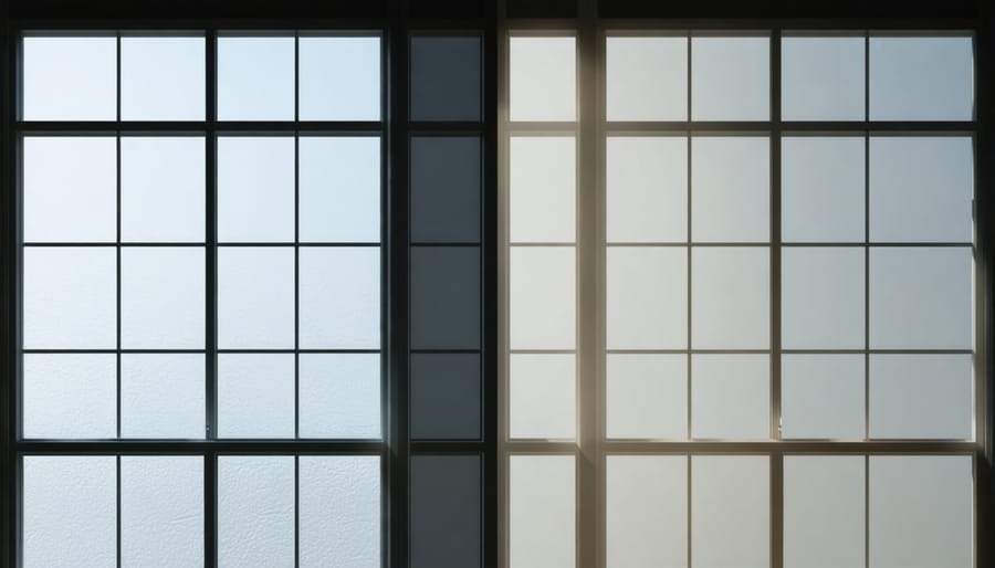 Smart windows demonstrating transparent and darkened states for solar control