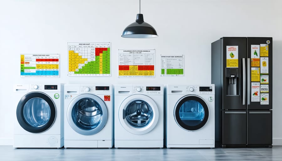 Various home appliances showing Energy Star ratings and efficiency labels