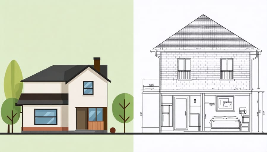 Side-by-side comparison showing energy-efficient upgrades like LED lights, solar panels, and insulation compared to traditional home features