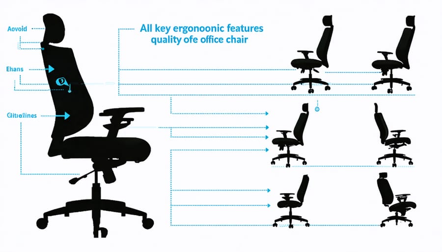 Detailed illustration highlighting adjustable features of an ergonomic office chair including lumbar support, armrests, seat height, and tilt mechanisms