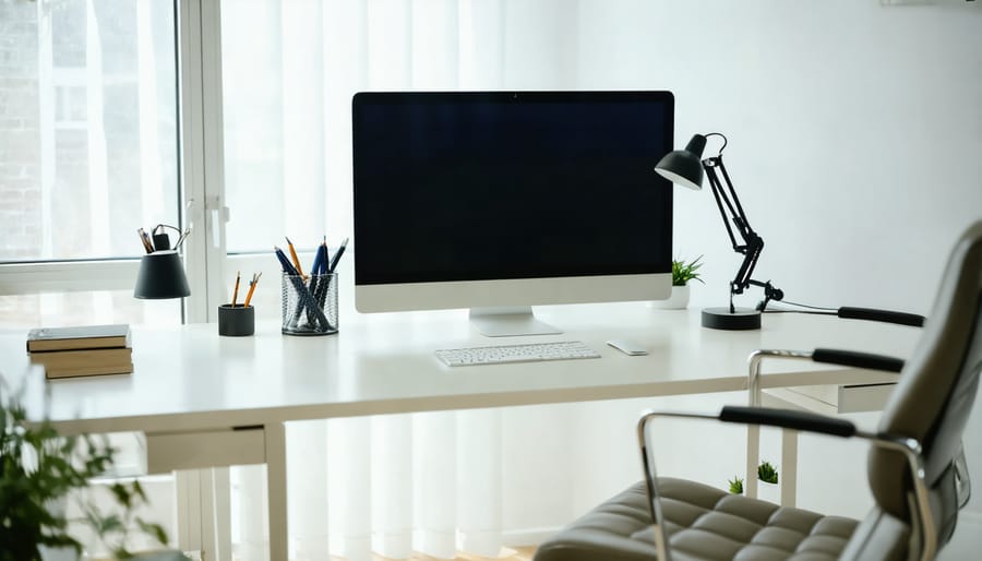 Ergonomic home office setup with adjustable chair, monitor at eye level, and proper keyboard placement