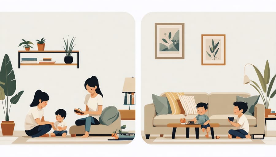 Multi-panel image showing family members using different spaces: cooking, working, playing, and relaxing