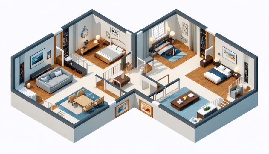 3D floor plan diagram showing a house divided into four climate control zones with temperature indicators