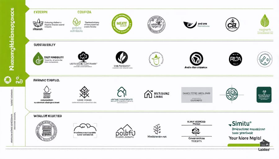 Visual guide displaying FSC, GREENGUARD, and other furniture sustainability certification logos with brief descriptions