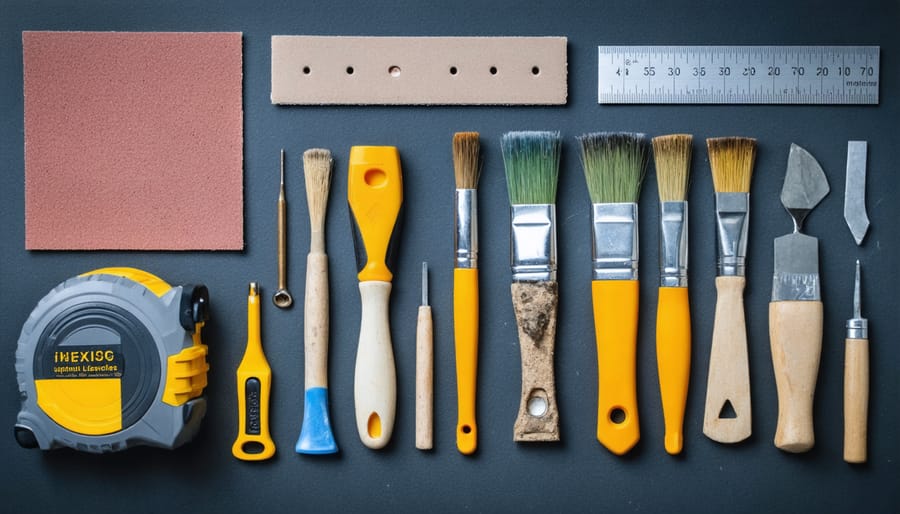 Collection of DIY furniture upcycling tools arranged on a wooden workbench