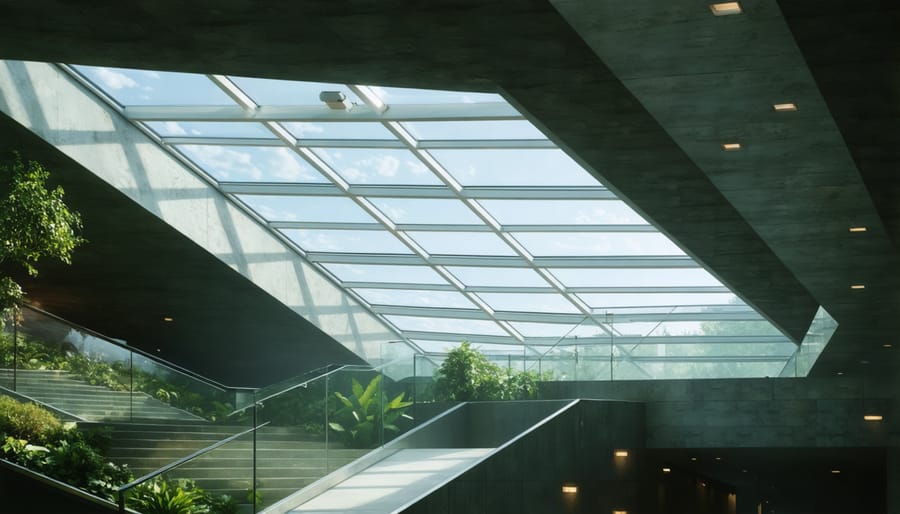 Modern architectural skylight with geometric patterns casting natural light onto indoor plants