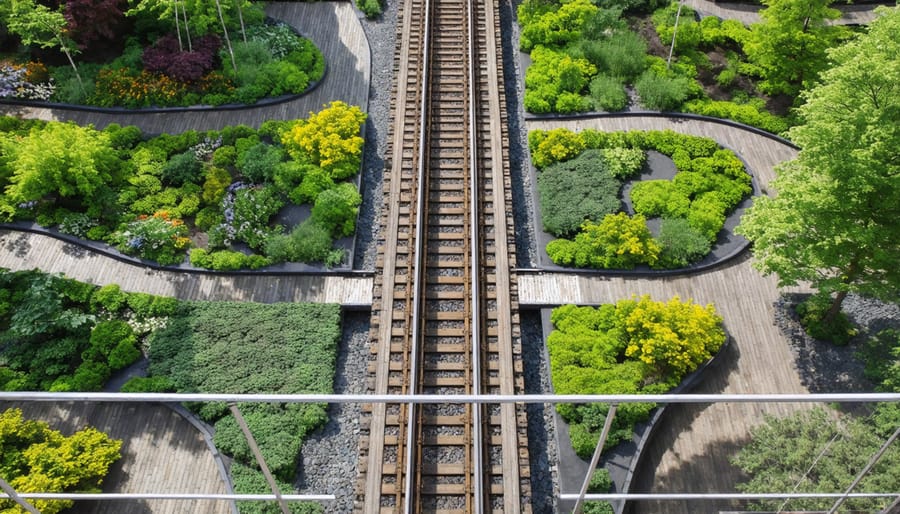 Elevated park built on former railway tracks in New York City with urban greenery and pedestrians