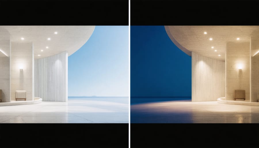 Day and night comparison of hybrid space showing coordinated natural and artificial lighting