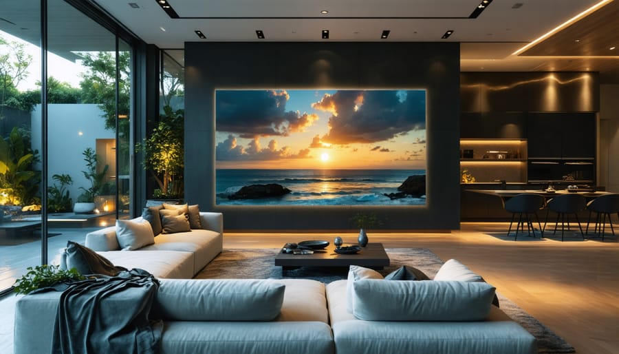 Interactive LED wall panel showing colorful digital artwork in a contemporary living space