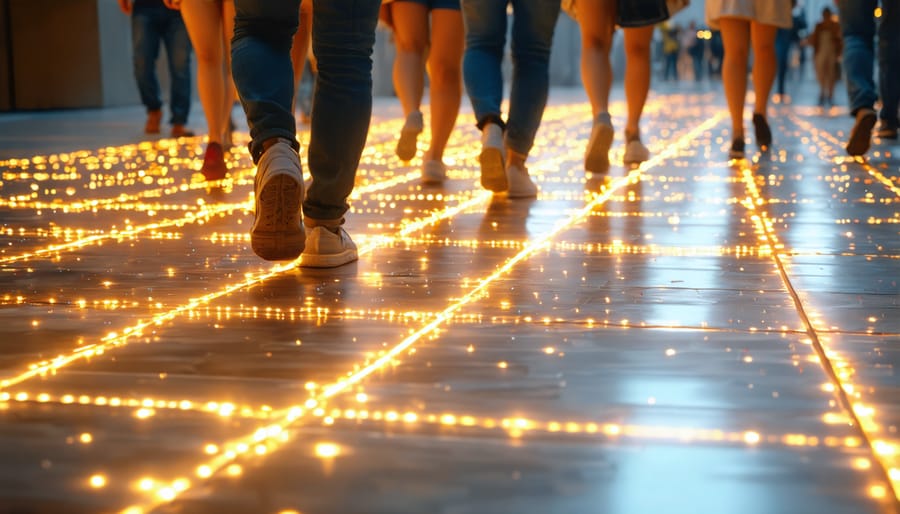 Interactive kinetic floor tiles generating energy from footsteps