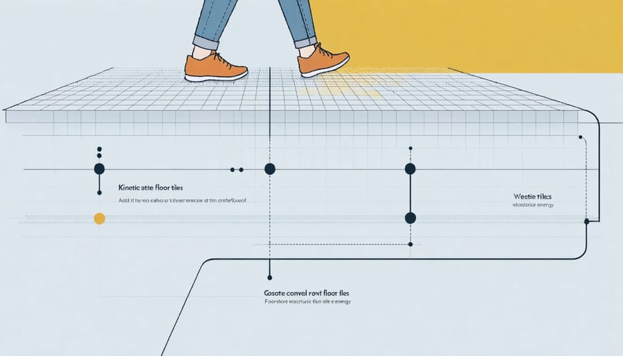 Cross-section illustration of kinetic flooring technology with power generation components