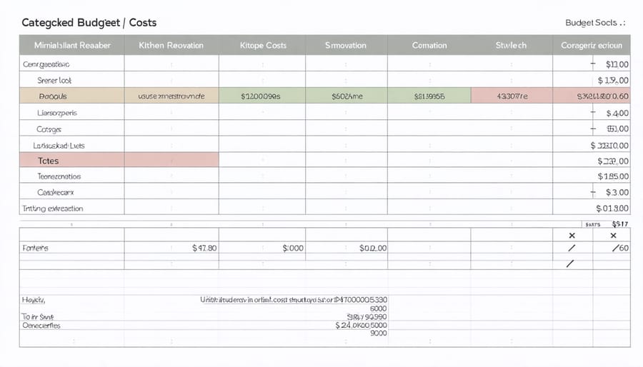 Sample kitchen renovation budget spreadsheet showing cost categories and calculations