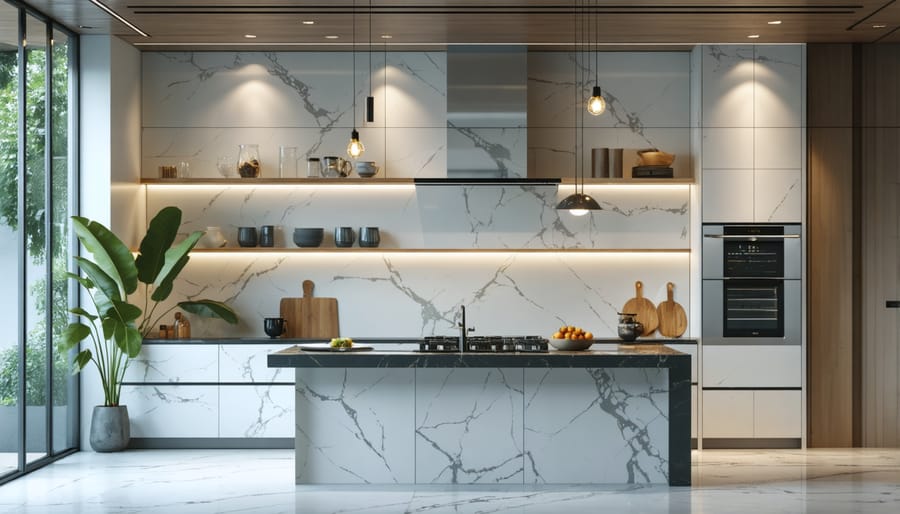 Well-lit kitchen showing multiple lighting types including task lighting and ambient illumination