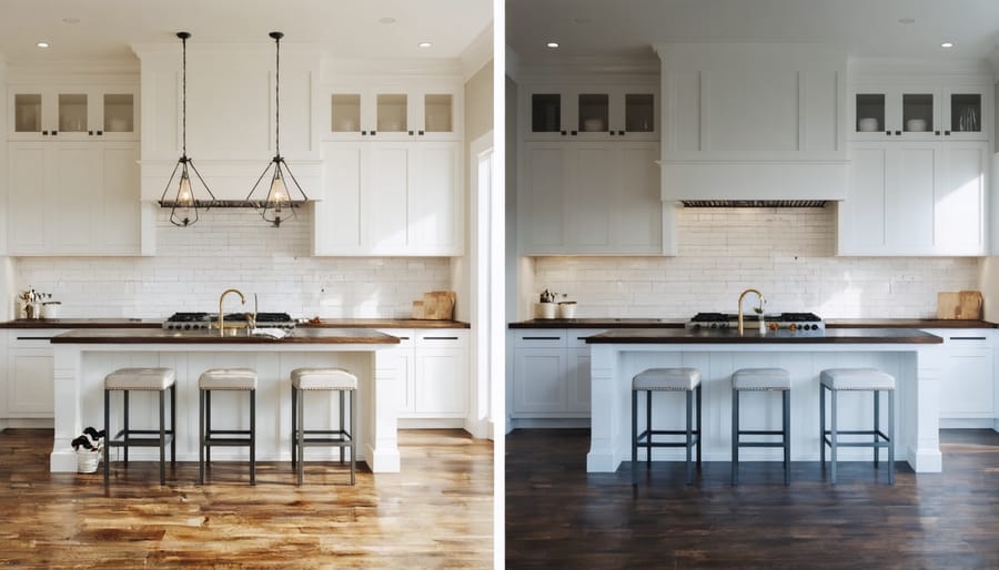 Split screen comparison of a dated kitchen transformed into a modern space