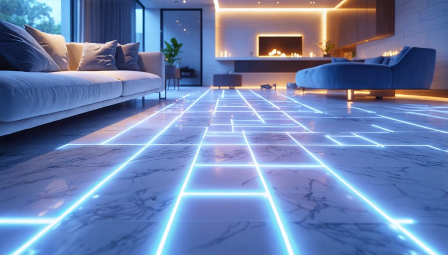 Interactive LED floor panels displaying colorful geometric patterns in a modern home