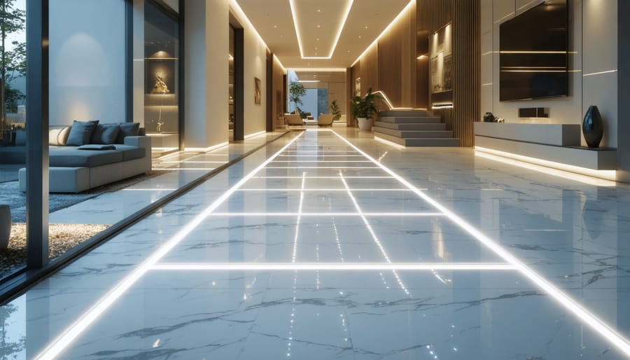 Smart LED floor system creating geometric light patterns in a contemporary living space