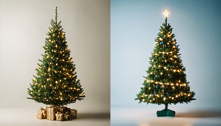 Comparison showing the difference between traditional wrapped lighting and vertical up-down lighting techniques on Christmas trees