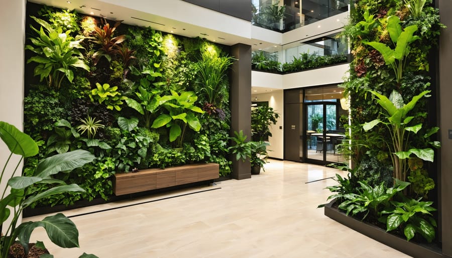 Lush vertical garden integrated into residential wall with multiple plant varieties and automatic watering system