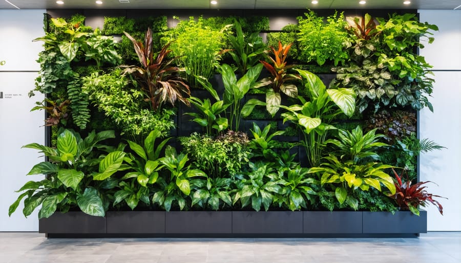 Vertical garden wall featuring air-purifying plants and natural ventilation system