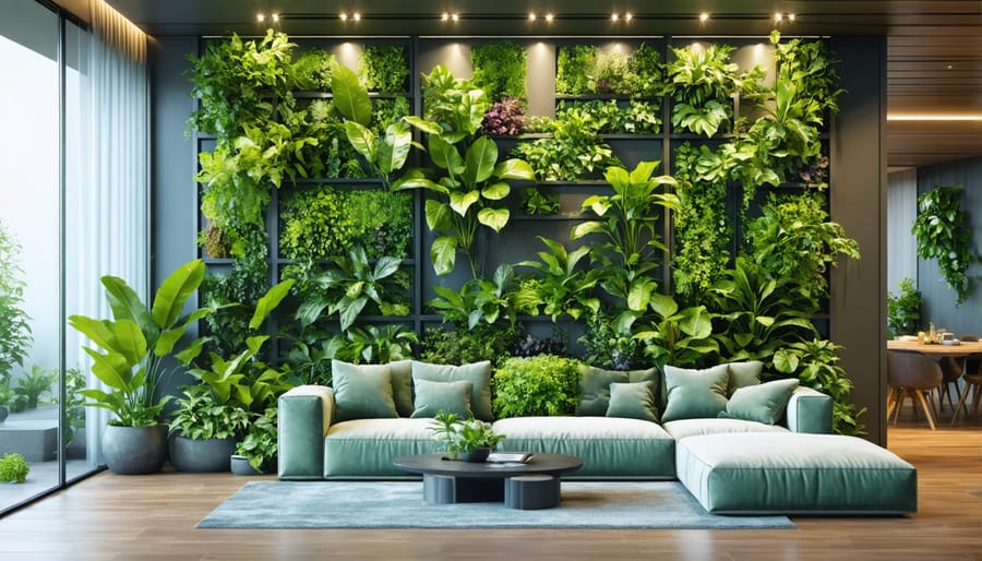 Living room featuring a floor-to-ceiling green wall with various indoor plants and integrated lighting