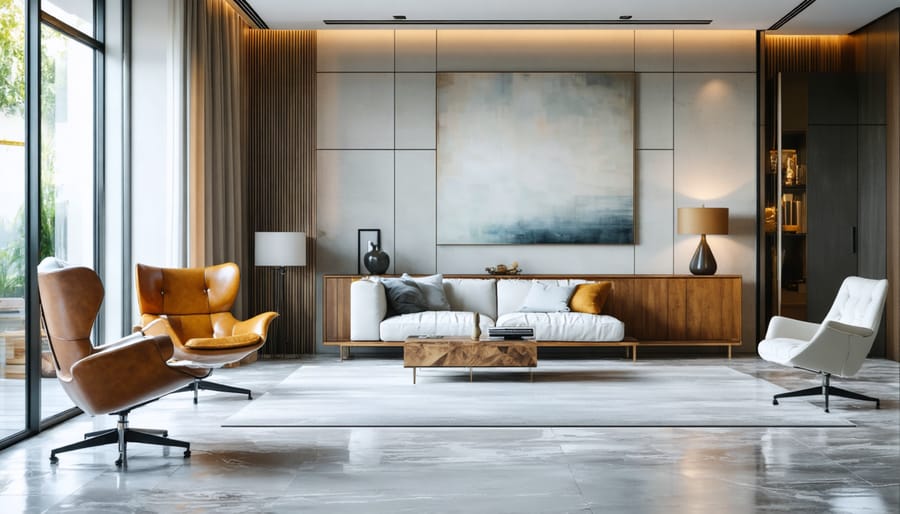 Contemporary living room displaying various mid-century modern materials and textures