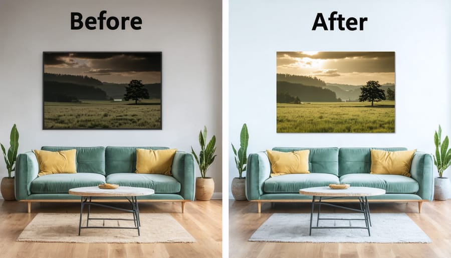 Split image showing room transformation with mid-century modern design elements