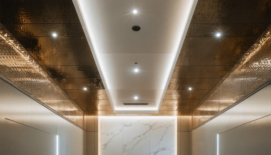 Contemporary ceiling design featuring metallic wallpaper illuminated by hidden cove lighting