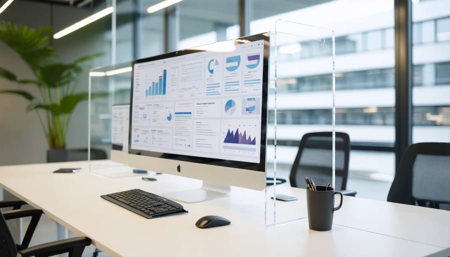 Clear acrylic desk divider installed on a modern white desk with minimalist office setup