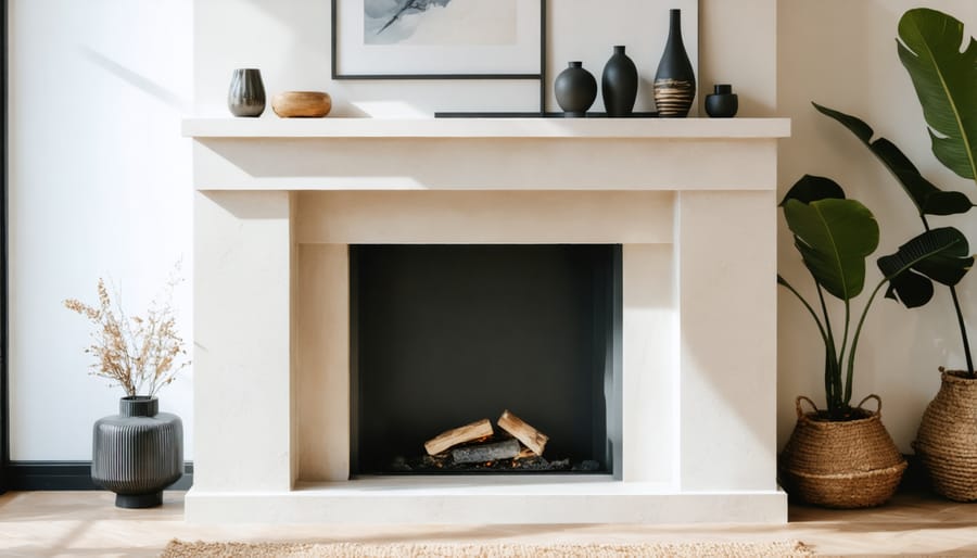 Styled fireplace featuring contemporary mantel, artistic screen, and ambient lighting