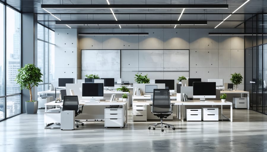 Open office layout with reconfigurable desk systems and movable partition walls