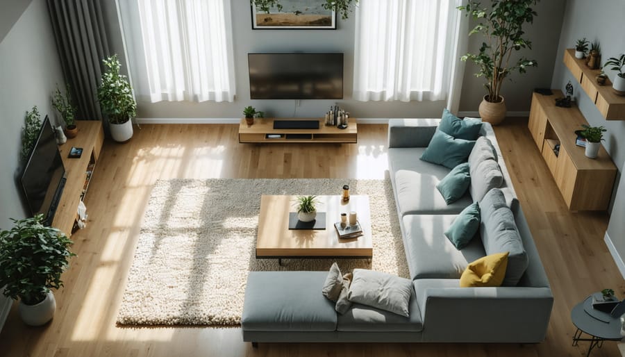 Modern living room divided into clear zones with a workspace, seating area, and entertainment center