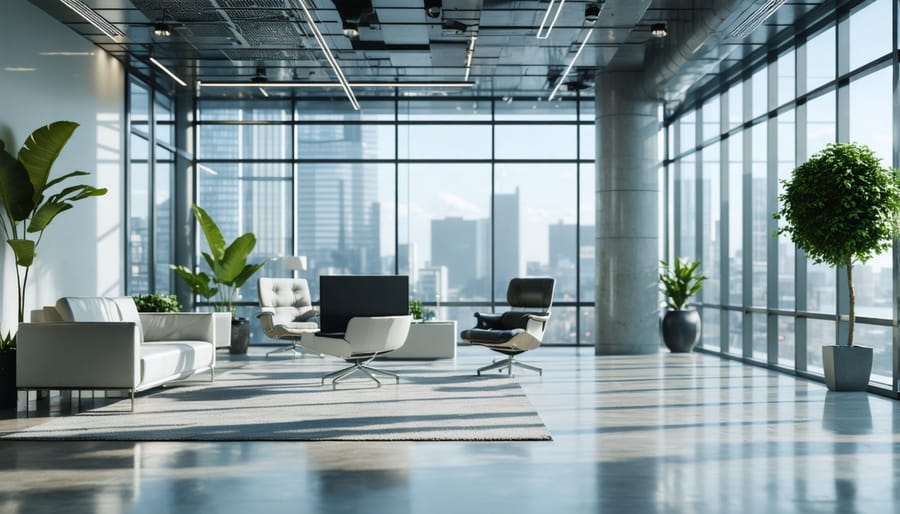 Bright modern office interior with large windows and natural light streaming in