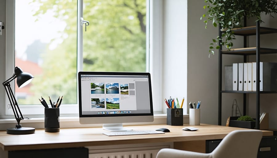 Bright home office with desk positioned at right angle to window, showing optimal natural lighting setup